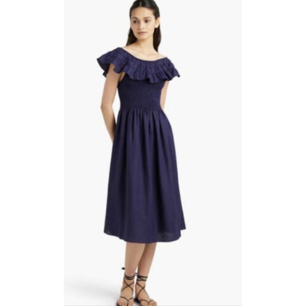 Hill House Home Akilah Linen Nap Dress XS Navy Smocked Ruffle Midi